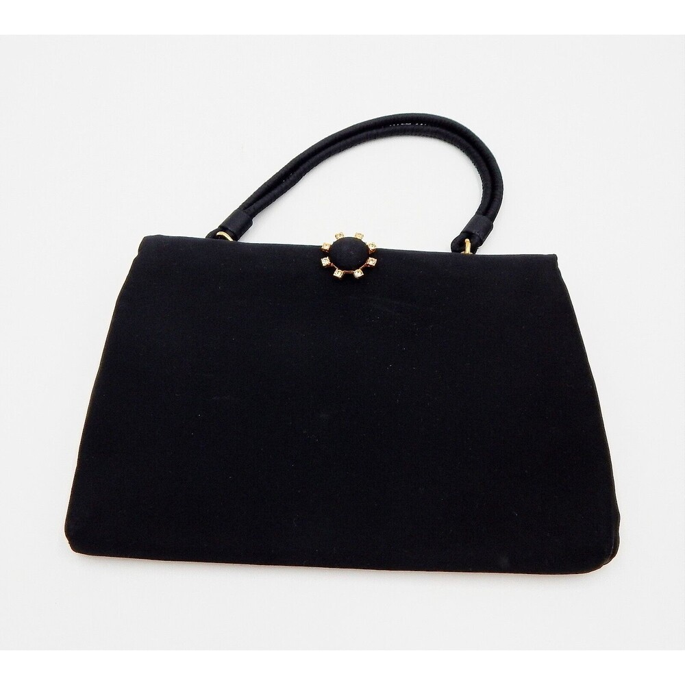 Ingber Evening Black Crepe Handbag Clutch Clamshell Gold Rhinestone Clasp USA